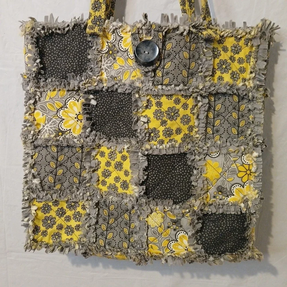 Handmade Quilted Bag Large With Button Closure Yellow Gray‎ And Black